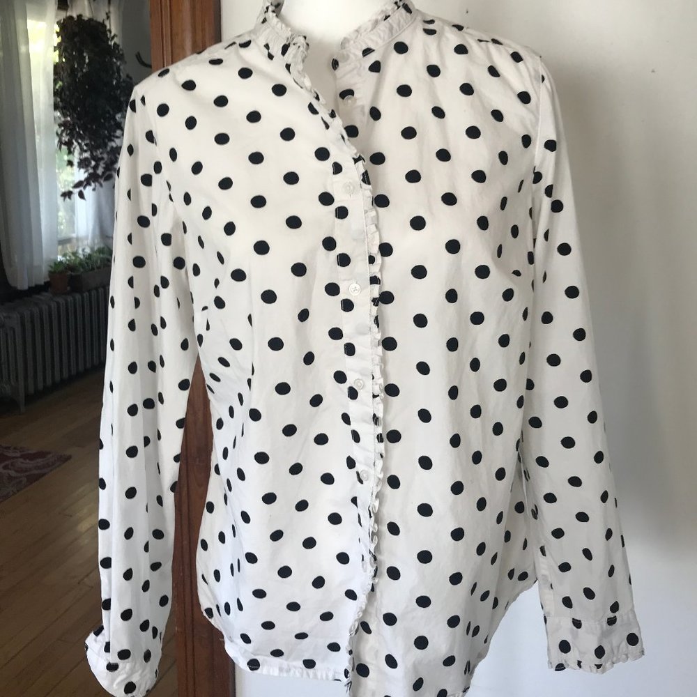 Boden polka dot button down ruffle high neck